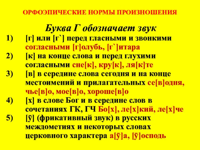 ОРФОЭПИЧЕСКИЕ НОРМЫ ПРОИЗНОШЕНИЯ Буква Г обозначает звук [г] или [г`]