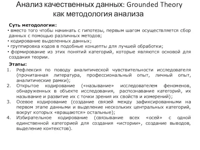 Анализ качественных данных: Grounded Theory как методология анализа Суть методологии: вместо того чтобы