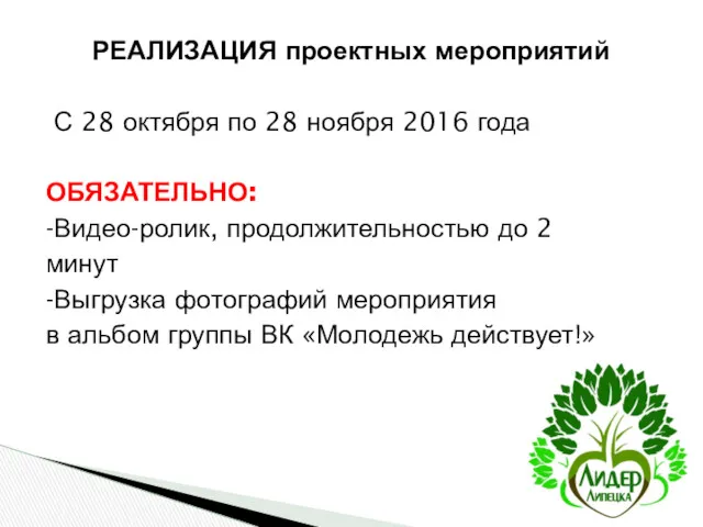 РЕАЛИЗАЦИЯ проектных мероприятий С 28 октября по 28 ноября 2016