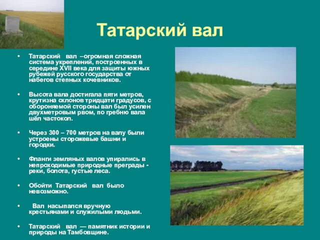 Татарский вал Татарский вал –огромная сложная система укреплений, построенных в