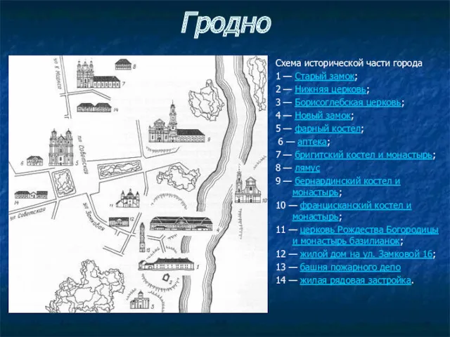 Гродно Схема исторической части города 1 — Старый замок; 2
