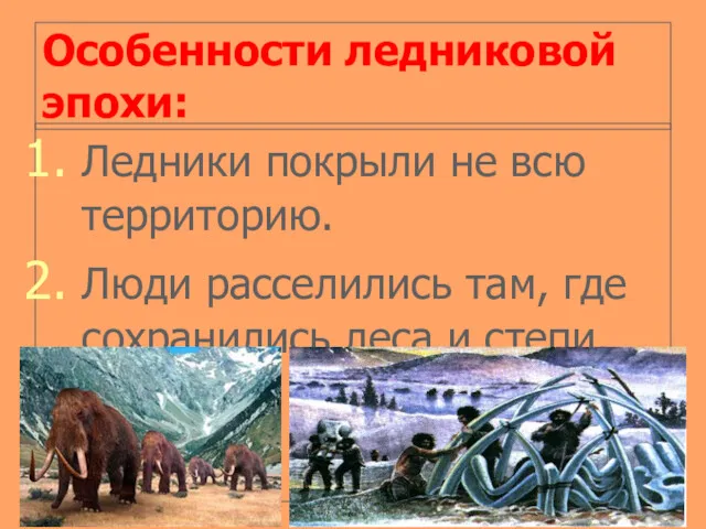 Особенности ледниковой эпохи: Ледники покрыли не всю территорию. Люди расселились там, где сохранились леса и степи.