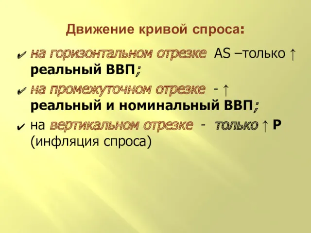 на горизонтальном отрезке AS –только ↑ реальный ВВП; на промежуточном