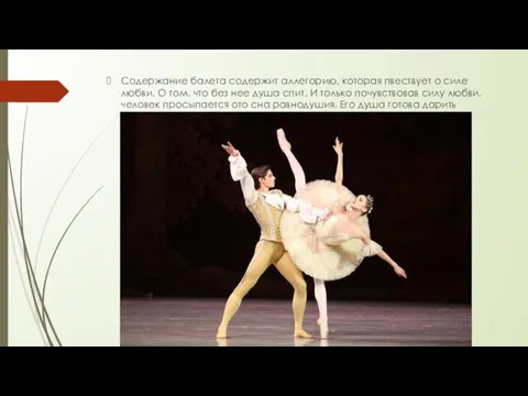 Содержание балета содержит аллегорию, которая пвествует о силе любви. О