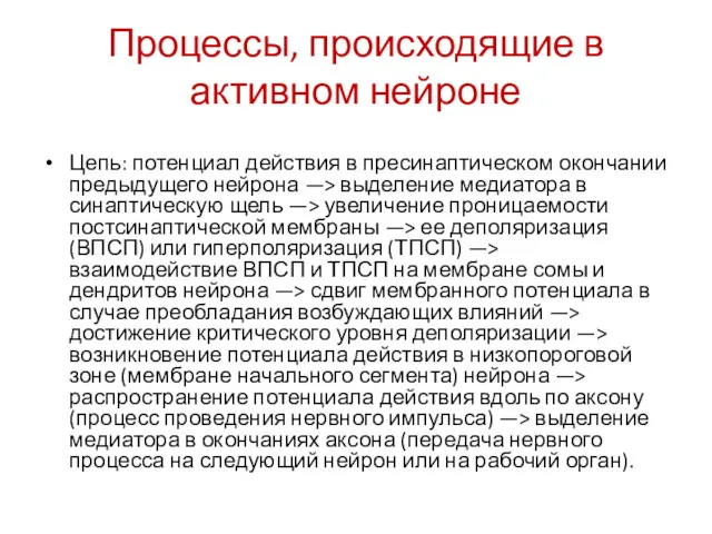 Процессы, происходящие в активном нейроне Цепь: потенциал действия в пресинаптическом