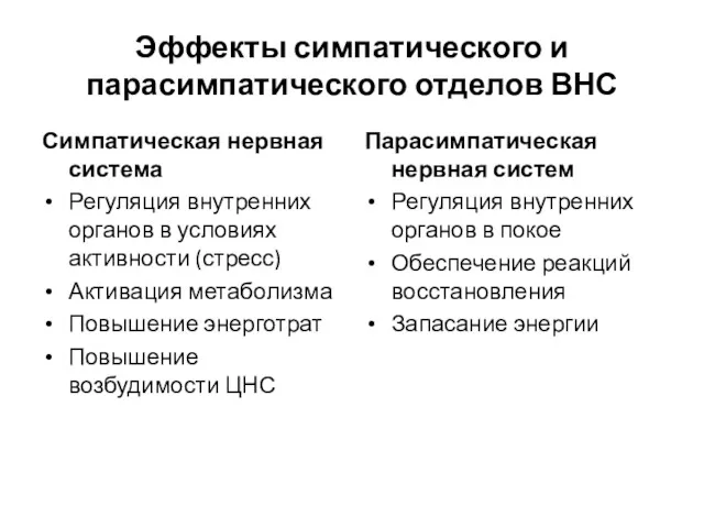 Эффекты симпатического и парасимпатического отделов ВНС Симпатическая нервная система Регуляция