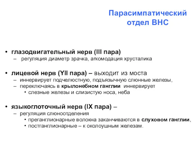 Парасимпатический отдел ВНС глазодвигательный нерв (III пара) регуляция диаметр зрачка,