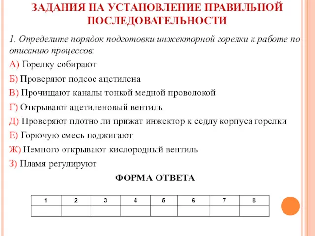 ЗАДАНИЯ НА УСТАНОВЛЕНИЕ ПРАВИЛЬНОЙ ПОСЛЕДОВАТЕЛЬНОСТИ 1. Определите порядок подготовки инжекторной