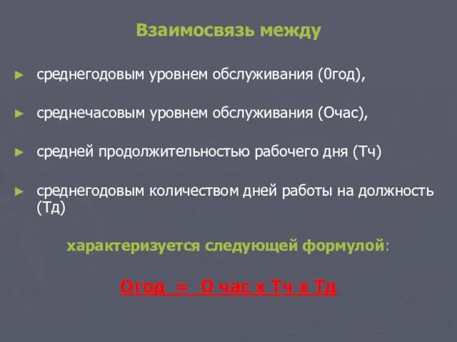 Взаимосвязь между среднегодовым уровнем обслуживания (0год), среднечасовым уровнем обслуживания (Очас),