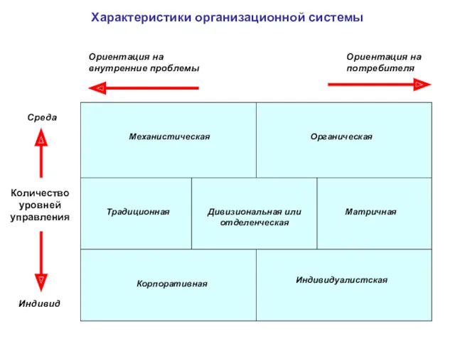 Характеристики организационной системы Механистическая Матричная Ориентация на потребителя Количество уровней