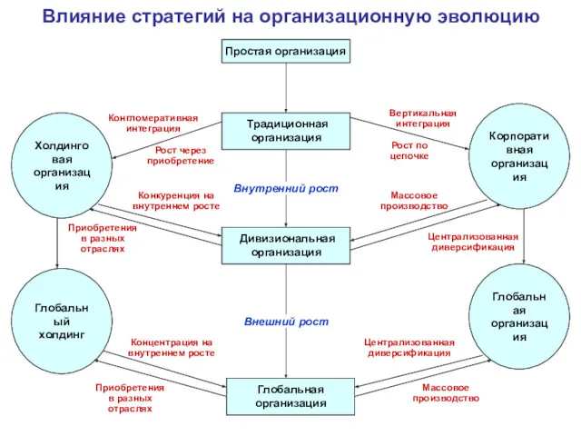 Влияние стратегий на организационную эволюцию Простая организация Традиционная организация Дивизиональная