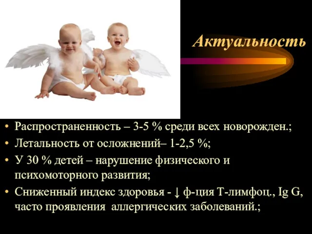 Актуальность Распространенность – 3-5 % среди всех новорожден.; Летальность от