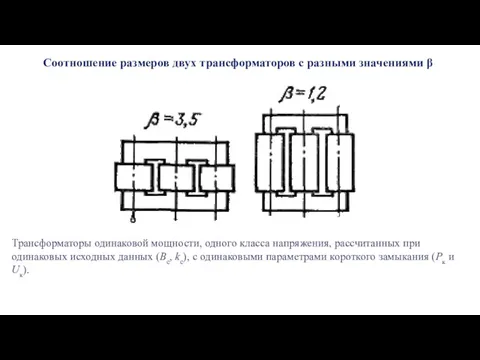 Соотношение размеров двух трансформаторов с разными значениями β Трансформаторы одинаковой