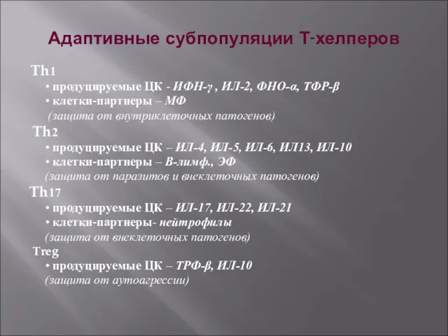 Адаптивные субпопуляции Т-хелперов Th1 • продуцируемые ЦК - ИФН-γ ,