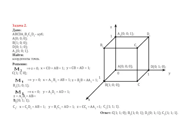 Задача 2. координаты точек. Дано: ABCDA1B1C1D1– куб; A(0; 0; 0);