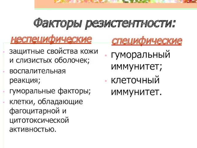 Факторы резистентности: неспецифические защитные свойства кожи и слизистых оболочек; воспалительная