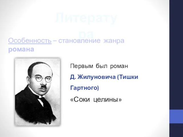 Литература Особенность – становление жанра романа Первым был роман Д. Жилуновича (Тишки Гартного) «Соки целины»