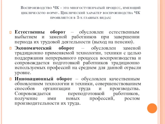 Воспроизводство ЧК - это многоступенчатый процесс, имеющий циклическую форму. Циклический