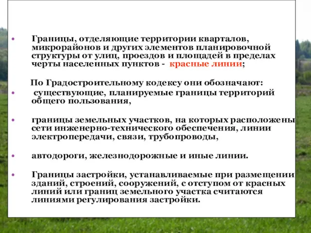 Границы, отделяющие территории кварталов, микрорайонов и других элементов планировочной структуры