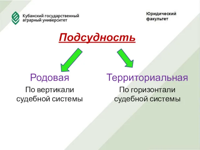 Подсудность Родовая По вертикали судебной системы Территориальная По горизонтали судебной системы