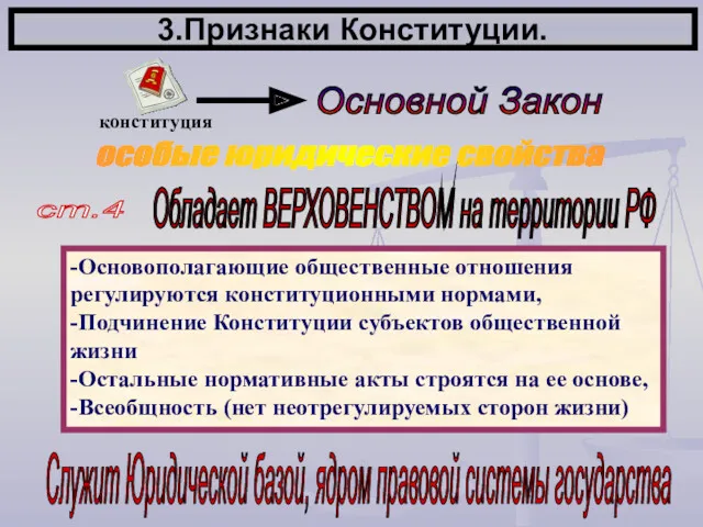 3.Признаки Конституции. особые юридические свойства ст.4 Обладает ВЕРХОВЕНСТВОМ на территории