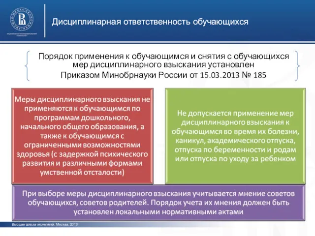 Дисциплинарная ответственность обучающихся Высшая школа экономики, Москва, 2013 Порядок применения