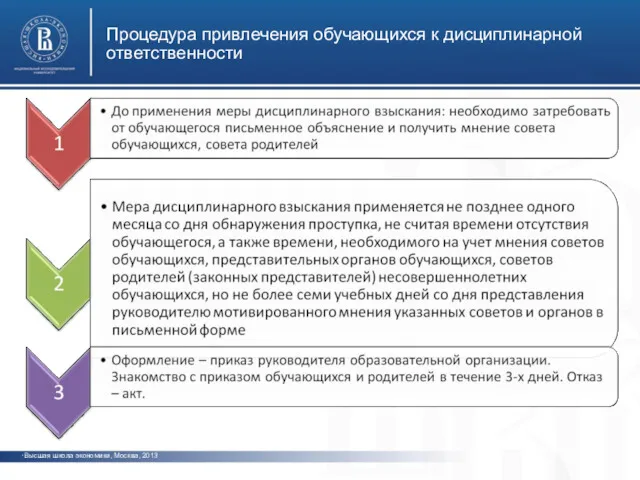 Процедура привлечения обучающихся к дисциплинарной ответственности Высшая школа экономики, Москва, 2013