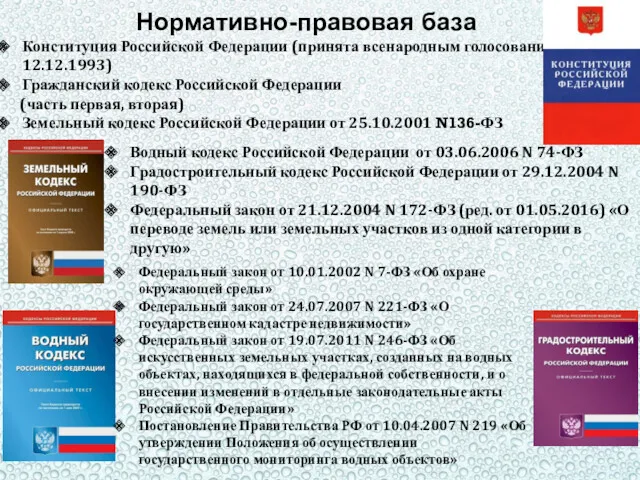 Нормативно-правовая база Конституция Российской Федерации (принята всенародным голосованием 12.12.1993) Гражданский