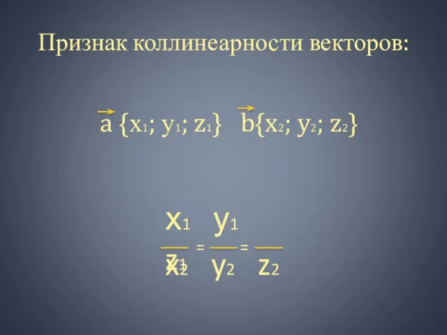 Признак коллинеарности векторов: a {х1; у1; z1} b{x2; y2; z2}