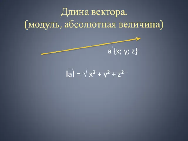 Длина вектора. (модуль, абсолютная величина) a {x; y; z} ІaІ