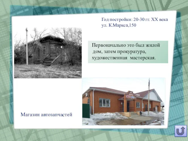 Первоначально это был жилой дом, затем прокуратура, художественная мастерская. Магазин