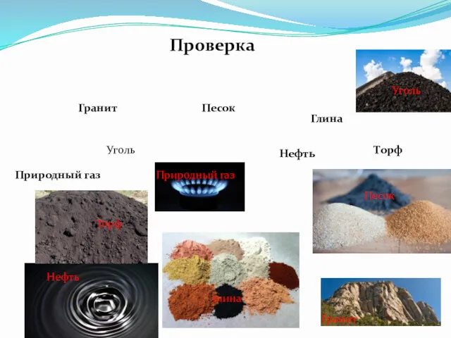 Проверка Гранит Песок Глина Природный газ Нефть Уголь Нефть Природный