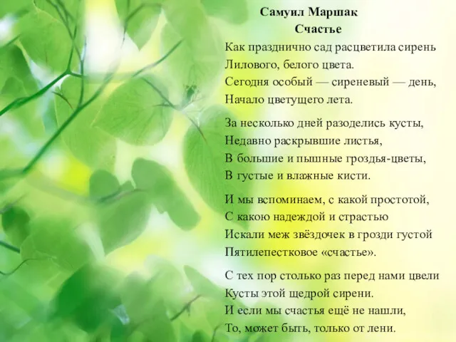 Самуил Маршак Счастье Как празднично сад расцветила сирень Лилового, белого