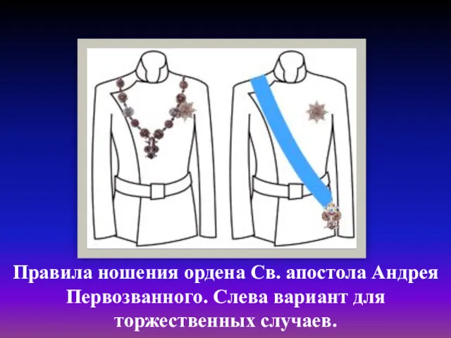 Правила ношения ордена Св. апостола Андрея Первозванного. Слева вариант для торжественных случаев.