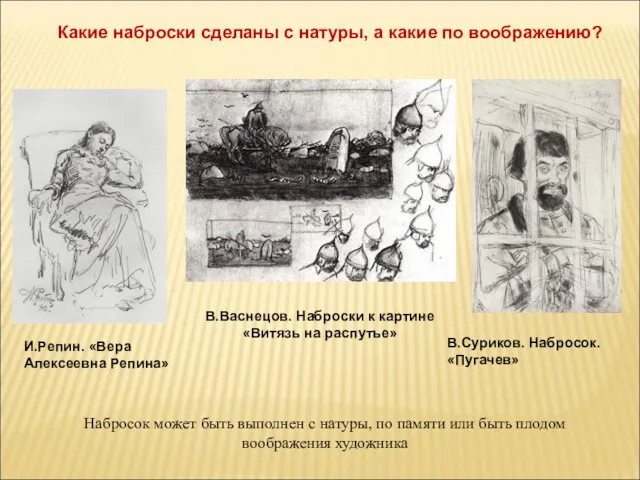 В.Васнецов. Наброски к картине «Витязь на распутье» В.Суриков. Набросок. «Пугачев»