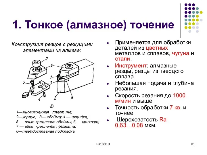 Бибик В.Л. 1. Тонкое (алмазное) точение Применяется для обработки деталей