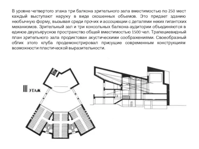 В уровне четвертого этажа три балкона зрительного зала вместимостью по
