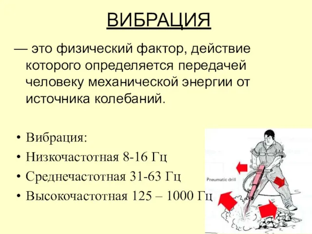 ВИБРАЦИЯ — это физический фактор, действие которого определяется передачей человеку