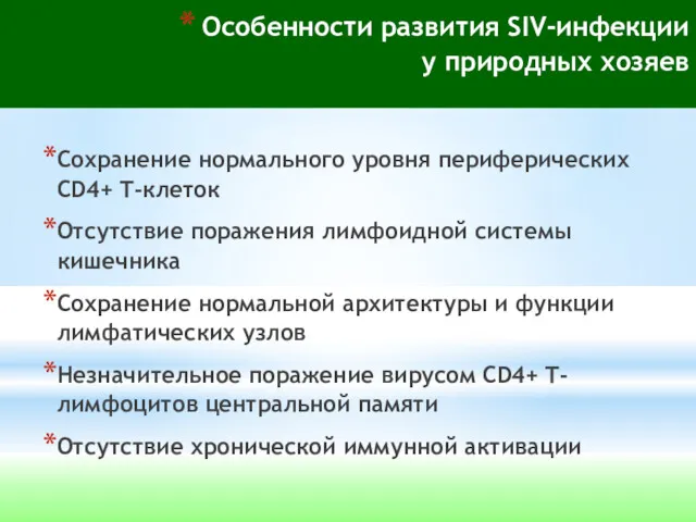 Особенности развития SIV-инфекции у природных хозяев Сохранение нормального уровня периферических