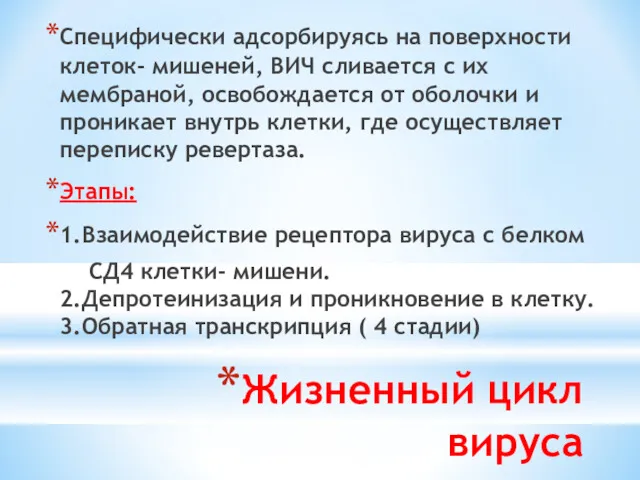 Жизненный цикл вируса Специфически адсорбируясь на поверхности клеток- мишеней, ВИЧ