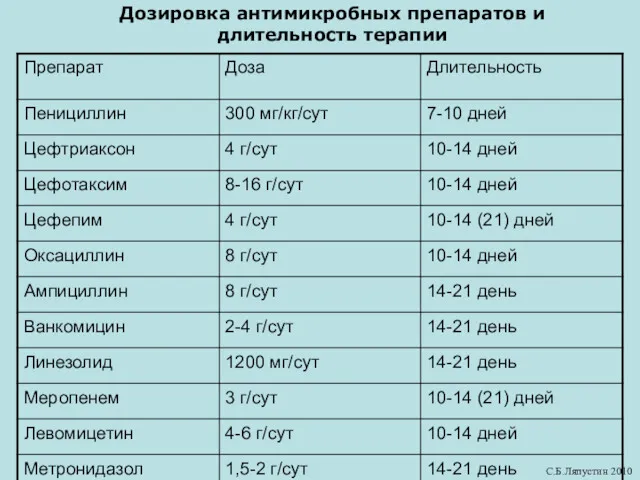 Дозировка антимикробных препаратов и длительность терапии С.Б.Ляпустин 2010