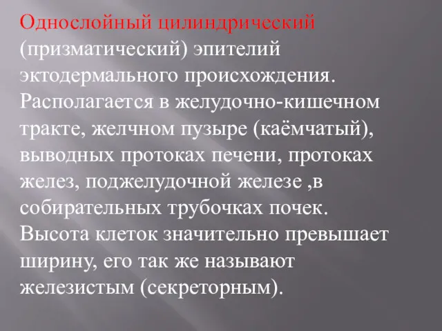 Однослойный цилиндрический (призматический) эпителий эктодермального происхождения. Располагается в желудочно-кишечном тракте,