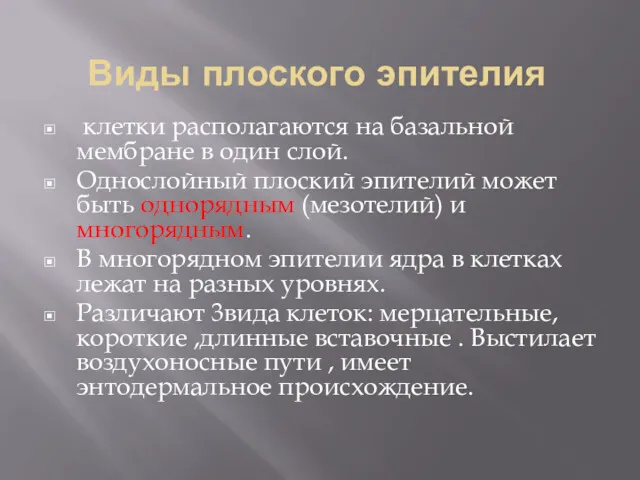 Виды плоского эпителия клетки располагаются на базальной мембране в один