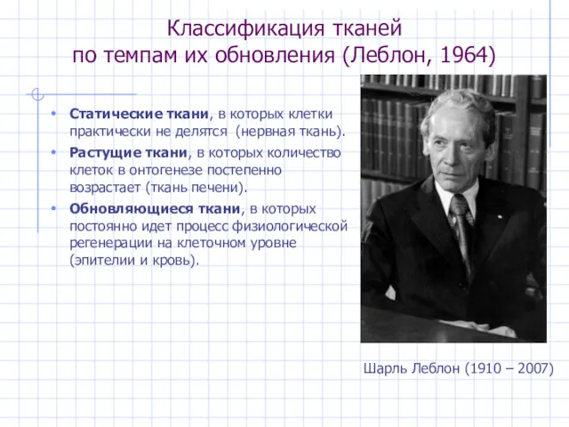 Классификация тканей по темпам их обновления (Леблон, 1964) Статические ткани,