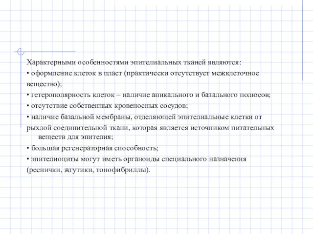 Характерными особенностями эпителиальных тканей являются: • оформление клеток в пласт