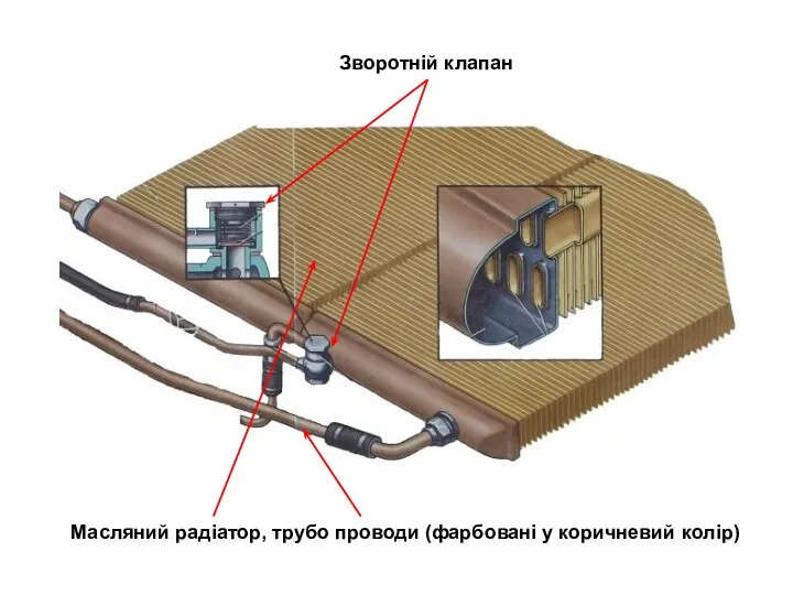 Масляний радіатор, трубо проводи (фарбовані у коричневий колір) Зворотній клапан