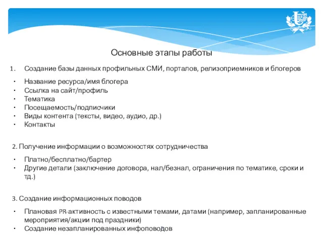 Основные этапы работы Создание базы данных профильных СМИ, порталов, релизоприемников