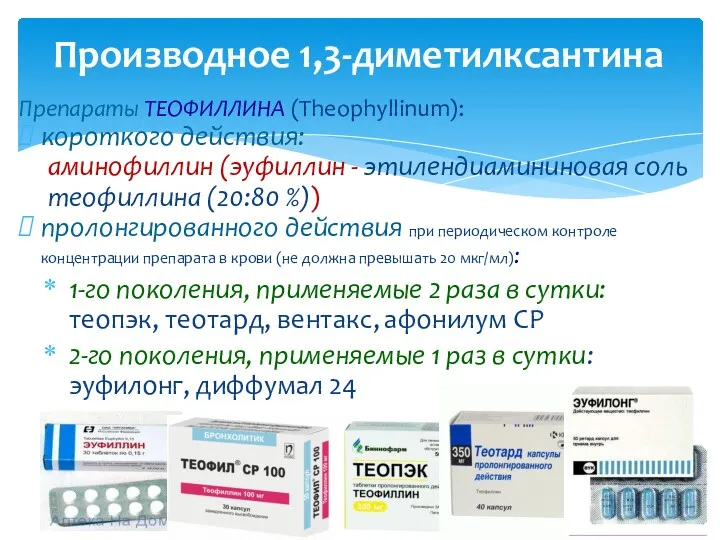 Производное 1,3-диметилксантина Препараты ТЕОФИЛЛИНА (Theophyllinum): короткого действия: аминофиллин (эуфиллин -