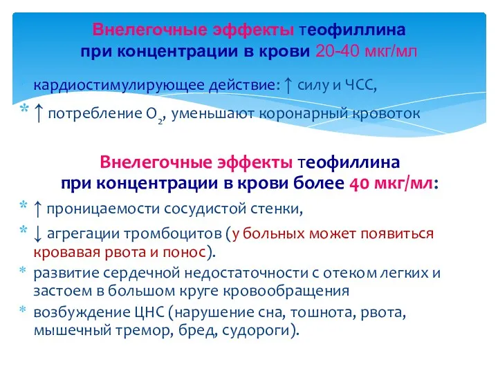 Внелегочные эффекты теофиллина при концентрации в крови 20-40 мкг/мл кардиостимулирующее