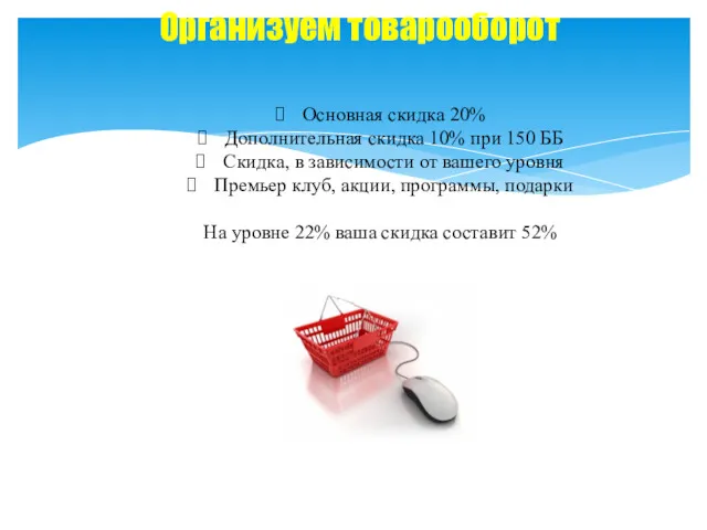 Организуем товарооборот Основная скидка 20% Дополнительная скидка 10% при 150